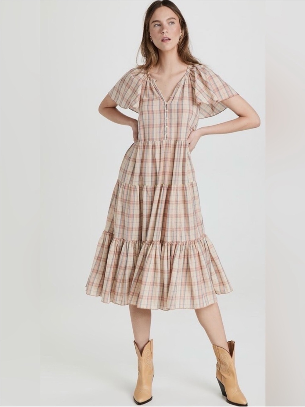 The Great. The Iris Dress Washed Rose Plaid Cotton Linen Tiered Midi Size Sz 1/S